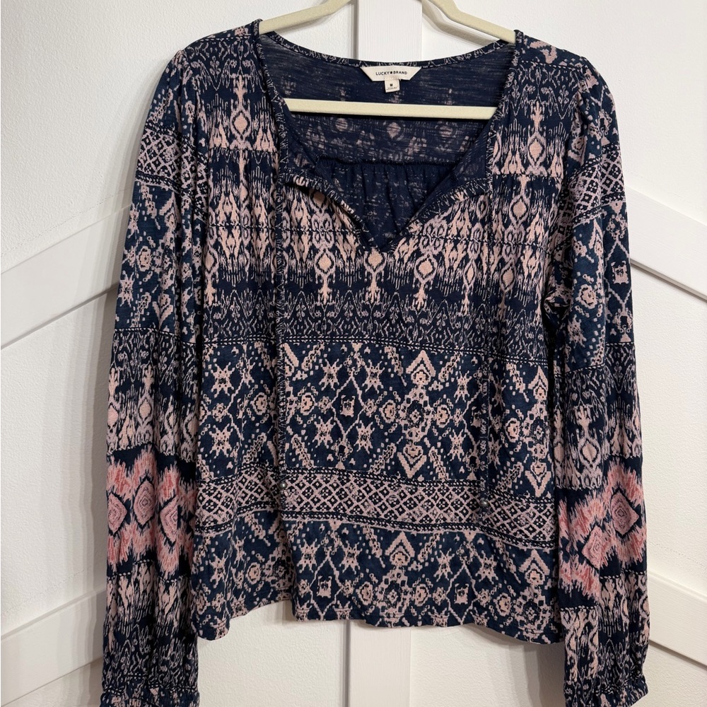 Lucky Brand Navy and Pink Boho Blouse